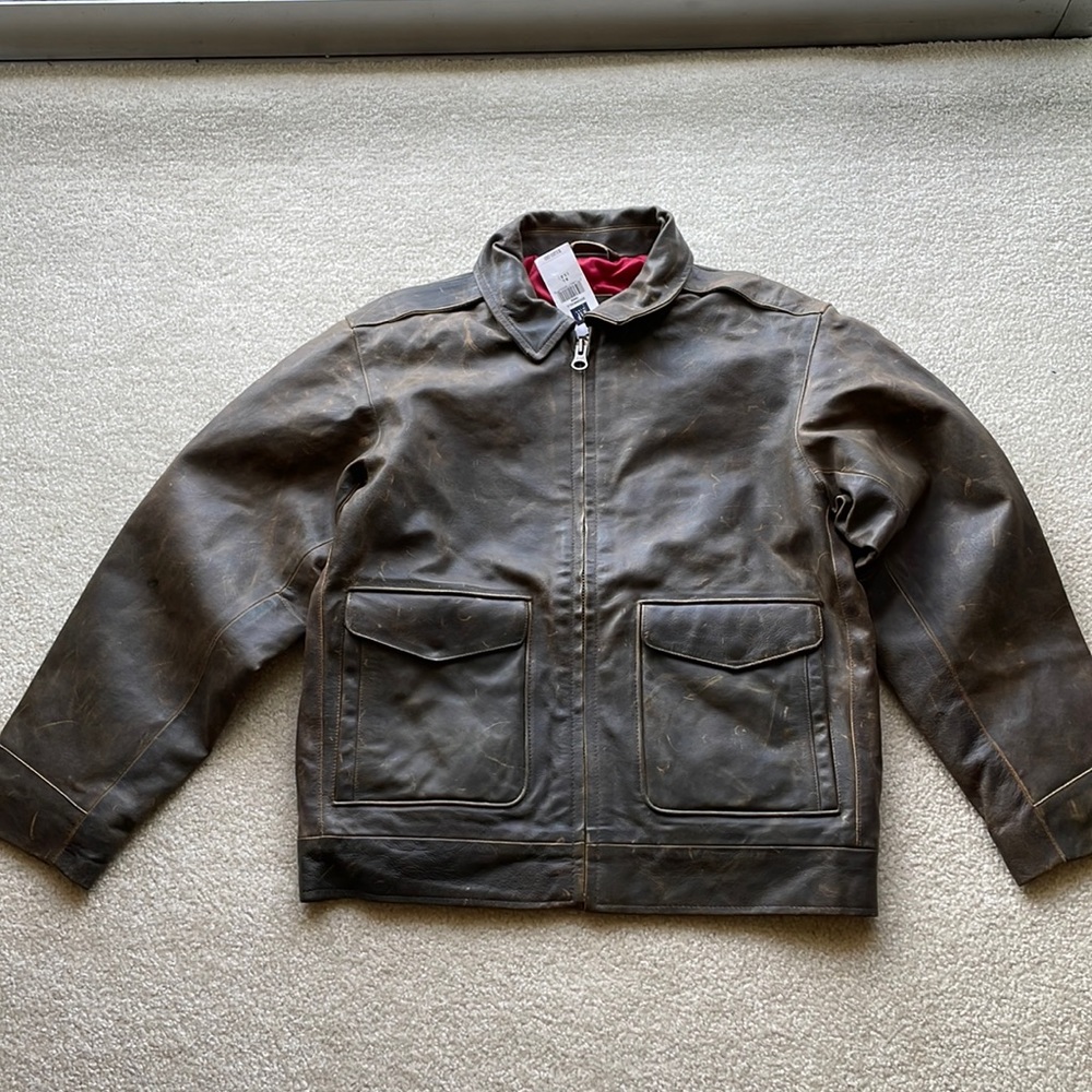 Gap Boy’s Brown leather bomber jacket.
